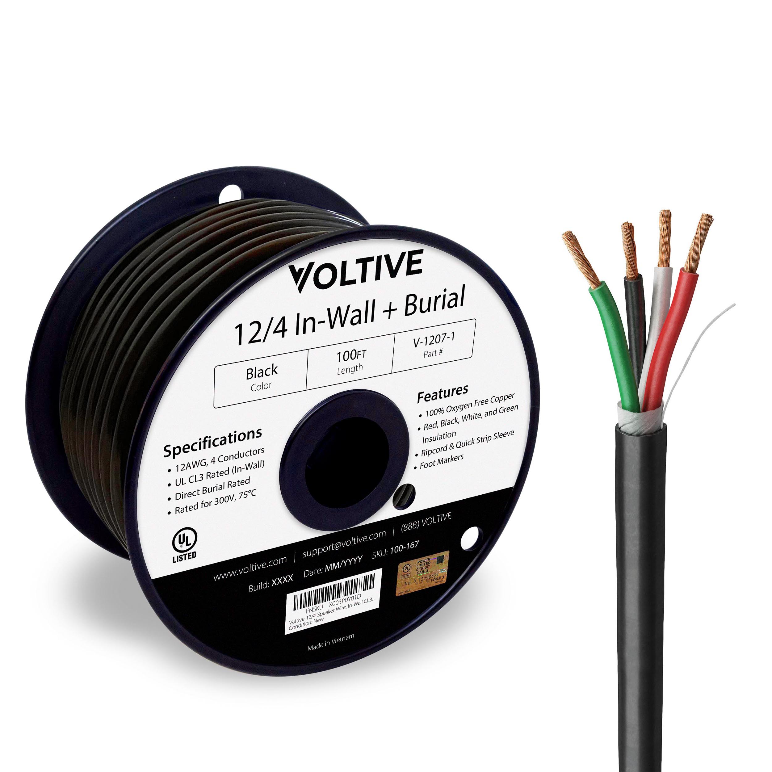 Voltive 12/4 Speaker Wire - 100ft - CL3 Rated, Oxygen-Free Copper, Black - For In-Wall/Direct Burial